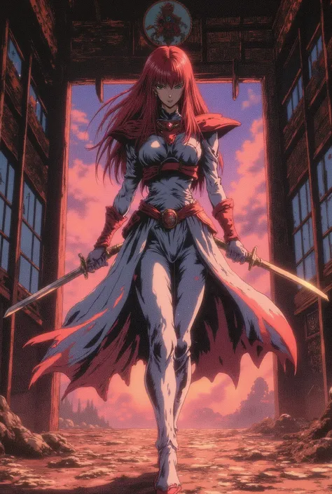 a red-haired woman, in a white and red ninja outfit, in a Japanese temple