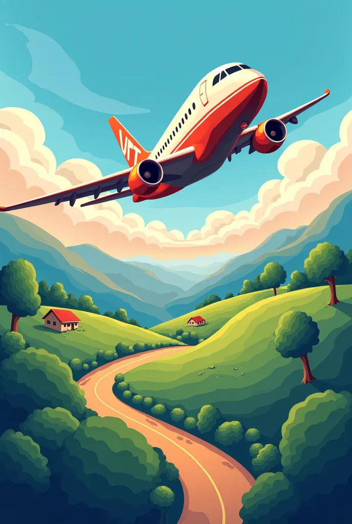 Create a logo with an airplane and the initials VTT that is picturesque and dynamic