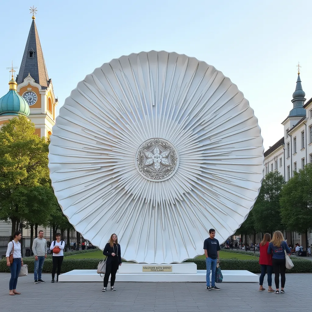 Tourist sign. The inscription "Poltava - the spiritual capital" can be arranged in the form of a solar disk, where the ornament is like rays emanating from the center. The design consists of glossy white panels with overlays of white matte panels imitating...