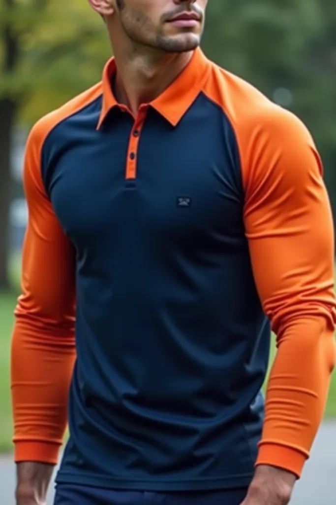 Navy blue t-shirt with collar and orange sleeves