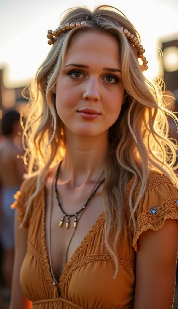 Vu du corps complet d'une belle jeune femme aux yeux bleus perçants, vêtue d'une robe bohème fluide aux teintes terreuses – beige, ocre et marron – avec des motifs subtils en dentelle et broderie. Elle se tient dans un festival de musique en plein air, bai...