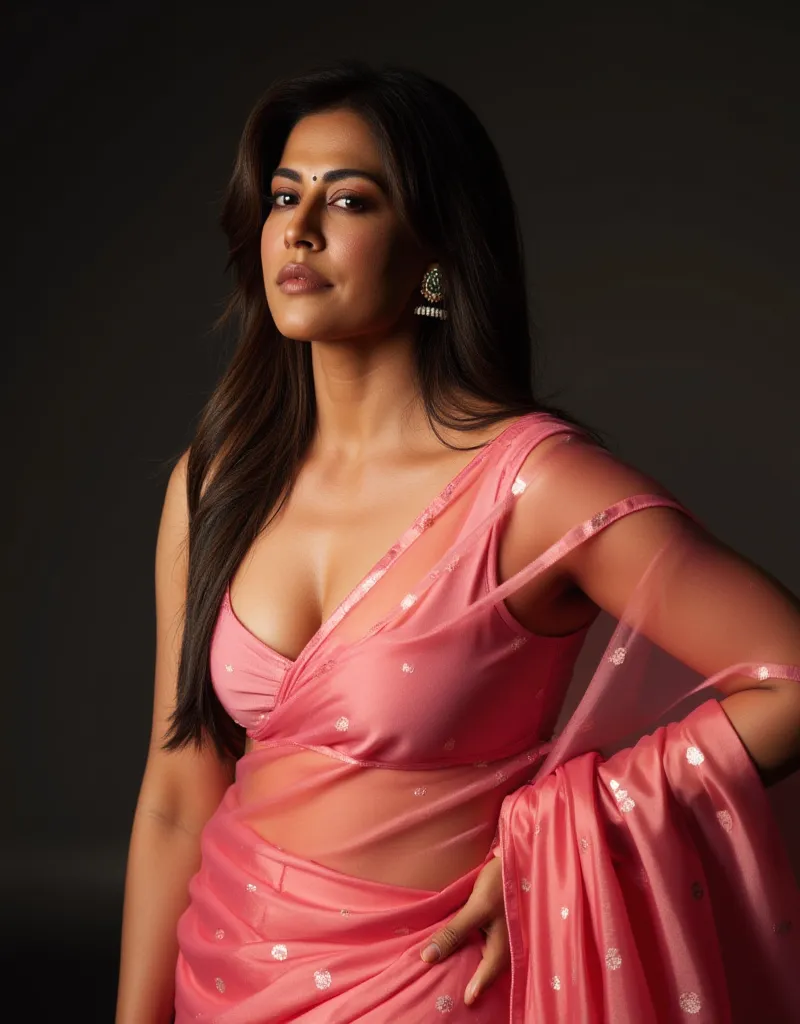 indian slim aunty with long tied hair, thick breast, thick hip, thick ass, thick thighs, woman wearing Georgette transparent saree no blouse, sweating lot, sweat drops visible, deep belly button, nipple popping out. Erotic image