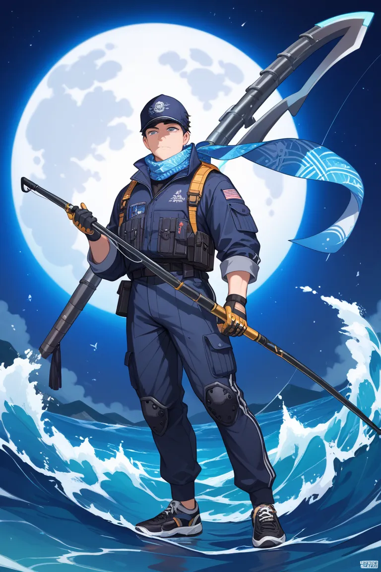 A tall young man with a sleepy face, black dragon scale patterns on both cheeks, fair skin, wearing a bucket hat with a white moon pattern on the back of his head, wearing a white moon necklace, purple eyes with blue irises, wearing a high-tech combat suit...