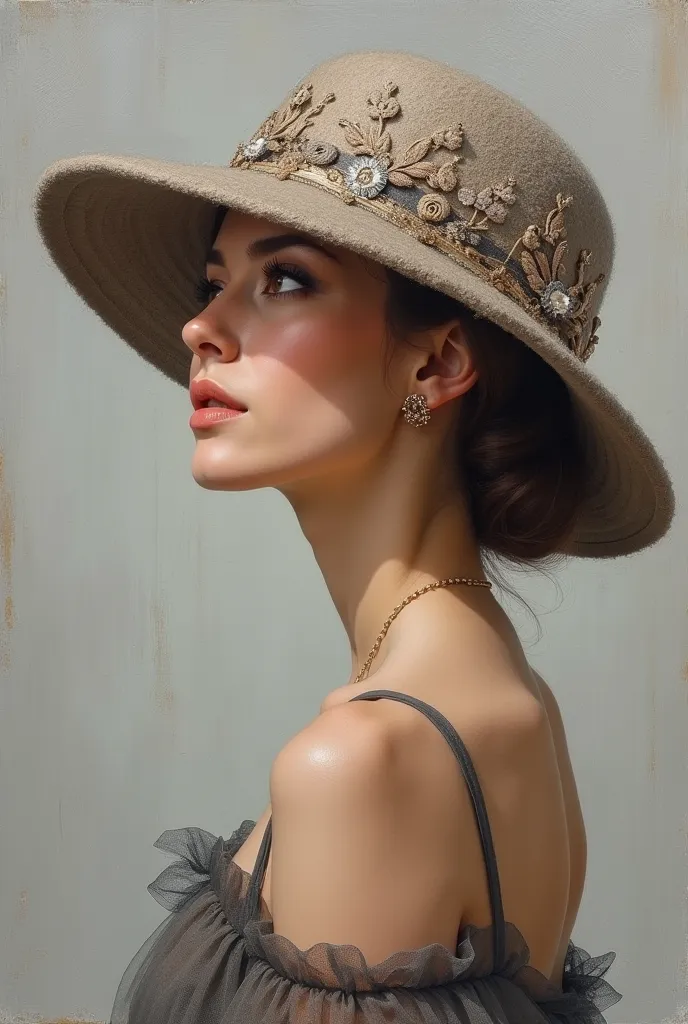 Design an (((extremely detailed oil painting))) depicting a woman's (((Hat, inspired by the iconic 'Surge' design))) with intricate, ((embroidered embellishments)) that exude a stylish elegance. The hat is set against a (softly detailed, neutral gray backg...