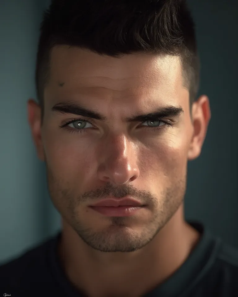 photorealism, ultrarealism, 8k, super detailed, a very handsome man 30 years old, oval shaped face, grey-green eyes, thick eyebrows, thick eye lashes, gloomy glance, wide cheekbones, straight nose with wide nostrils, thin upper lip, thick lower lip, very s...