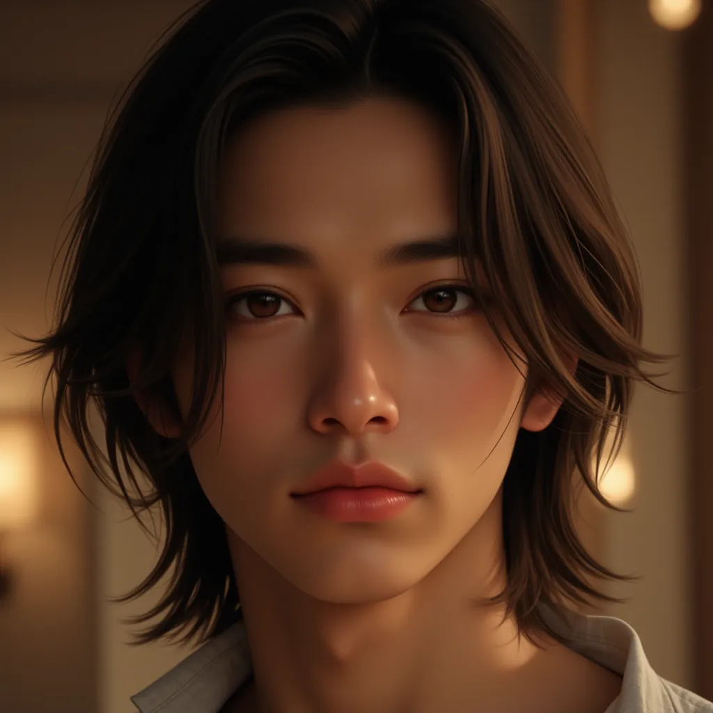 masterpiece, best quality work of art, 8k, of the highest quality, best graphic,  Beautiful dark eyes , beautiful sensual lip , tanned skin , beautiful background , brown long-hair , Man looking like a mannequin . Chinois et Mexicain ; young man in his ear...