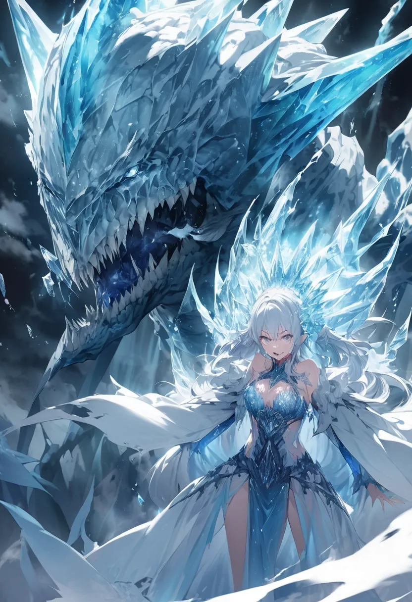 { very well detailed }, {  best illustration }Ice devil 、小さなIce devil、恐ろしいface、Demon Body, face：Big fangs、, It has an aura like steam 、background：Ice World、　 Ice Magic