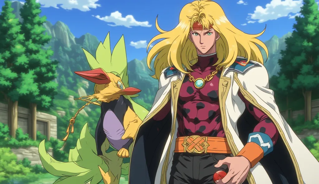 A handsome, tall and muscular 25 years old Pokemon Trainer holding a Pokeball on his right hand, with very long and mrssy shiny gold hair, with bright green eyes, wearing fancy battle trainer clothes fit for a World Pokemon Champion, with long black jeans,...