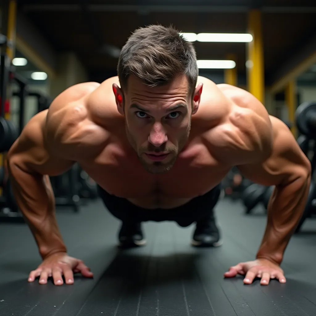 4. Flexões de Braço
Prompt: "A muscular man with a determined expression is doing push-ups on a gym floor. His arms are shoulder-width apart, and his body is in a straight line from head to heels. His chest is lowering close to the ground, engaging his pec...