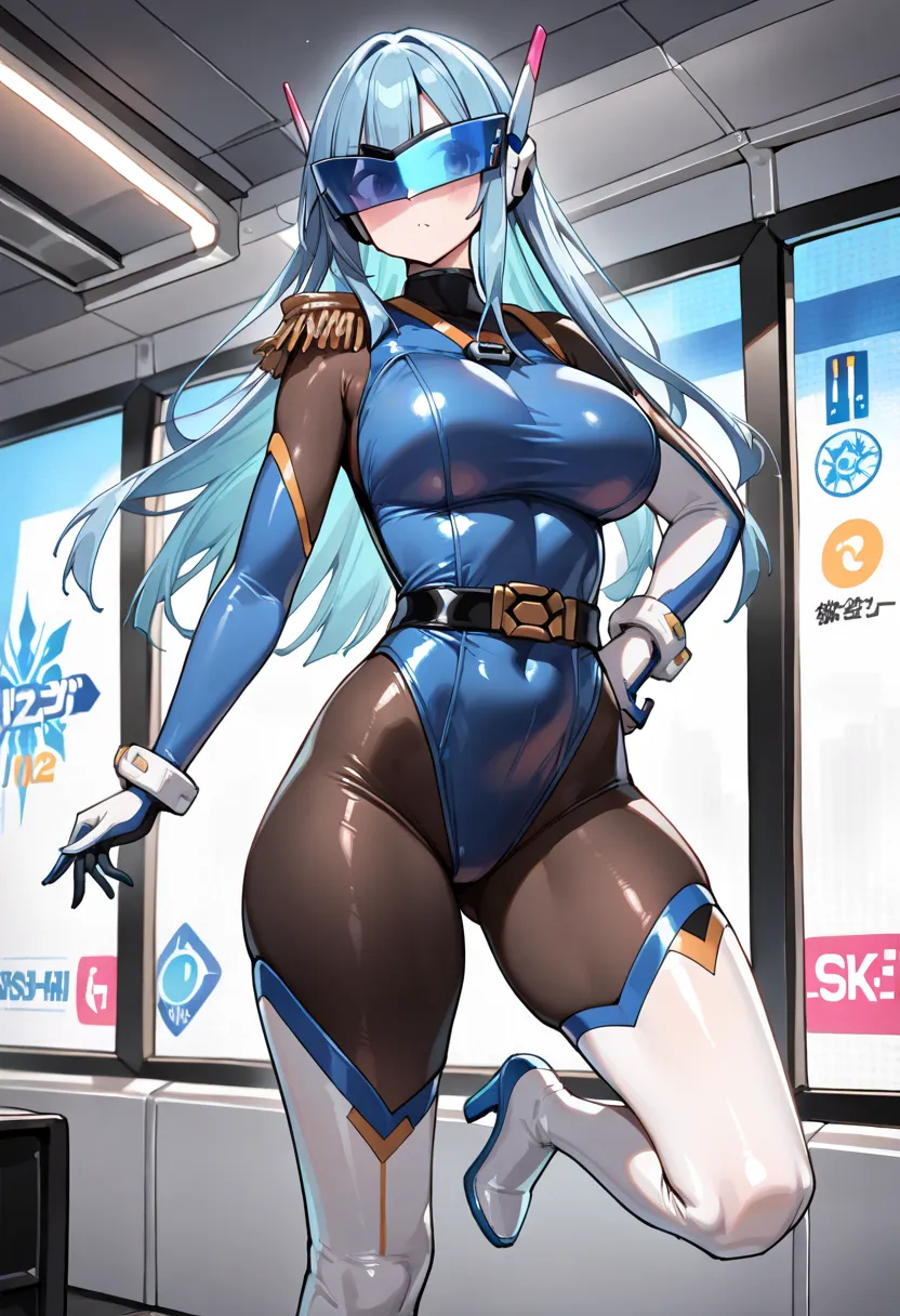 スコア_9, スコア_8_アップ, スコア_7_アップ, スコア_6_アップ,solo,1 girl,airi, henshin suit, blue hair, long hair, visor, multicolored elbow gloves, blue leotard, black belt, black skin tight, single epaulet, multicolored thigh boots, blue highheels, large breasts,bodysuit,Shin...