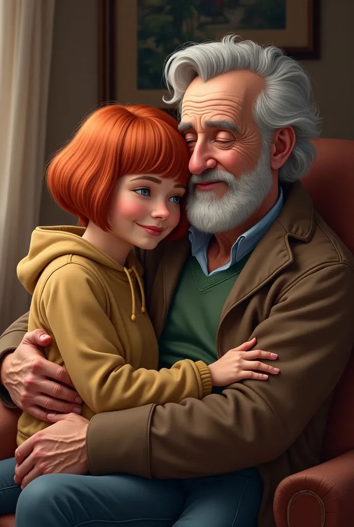  red-haired,  short hair with bangs, Sitting on the lap of an old man with gray hair 