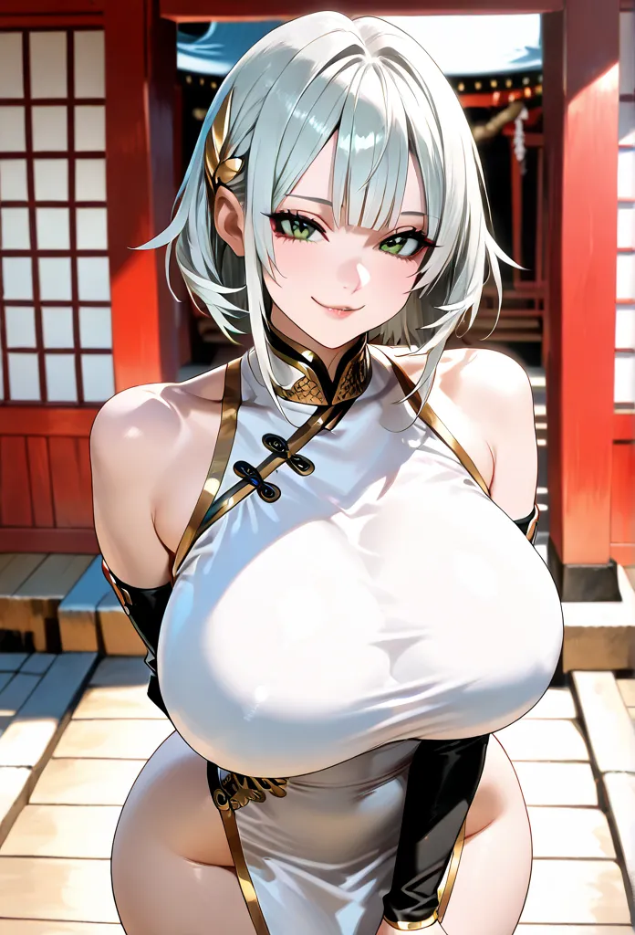 1 girl, with a (pretty face),huge breasts, slim waist , wide hips, huge butt, green eyes,(short layered silver hair with black tips),(silver bangs),(sleek white dress with gold accents),(detached sleeves),(white right arm sleeve),(black left arm sleeve),(s...