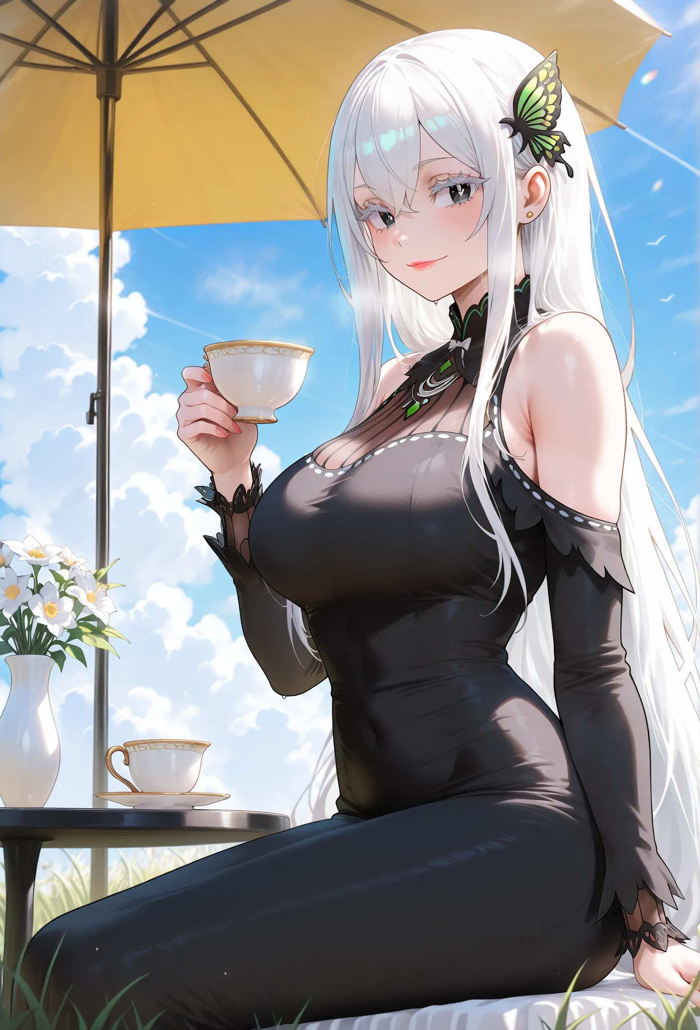 (masterpiece, high resolution, 2k resolution, best quality), (1girl, perfect anatomy, perfect face), Echidna (Re:Zero), ((white hair), long hair), (black eyes, white pupils, narrow pupils, white eyelashes, perfect eyes), black dress, ), Narrow shoulders, (...