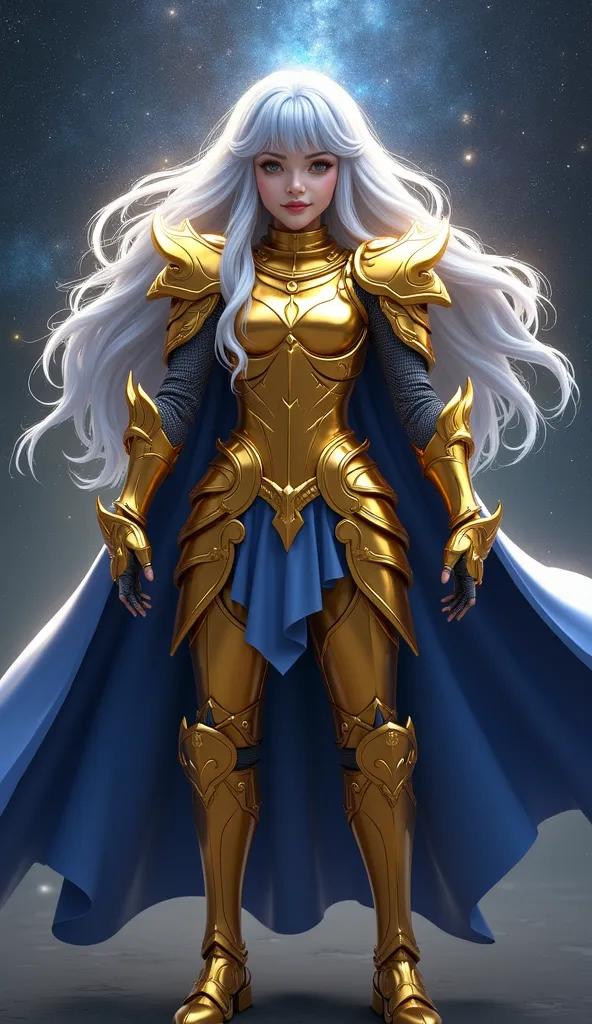 Gemini Saga ( female version )
A majestic knight in golden armor with a dual design, symbolizing the balance between light and dark. Their long, silver hair flows like a waterfall, and their eyes shine with an enigmatic glow. Her expression changes subtly ...