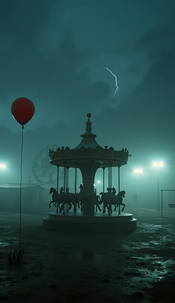 Create an image that represent a mysterious and narrative attraction, as if it were a frozen scene from an intriguing story. The scene takes place in a surreal and dark environment, like an abandoned amusement park at night, with lights flashing intermitte...