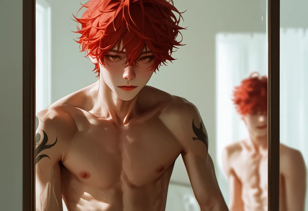 A boy，white background，stand at attention，red hair，Korean comic style，Young and energetic，Abdominal muscles，， is handsome， is handsome脸瓜子脸，Tattoo，Charming eyes， is handsome，Cool，In front of the mirror，Look in the mirror