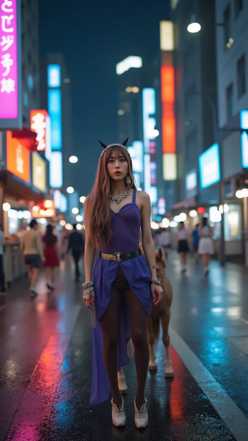 A centaur with the upper body of a beautiful woman and the lower body of a majestic horse, standing in the bustling streets of Tokyo at night. Neon lights reflect off the wet pavement, and the city skyline with tall buildings and billboards fills the backg...