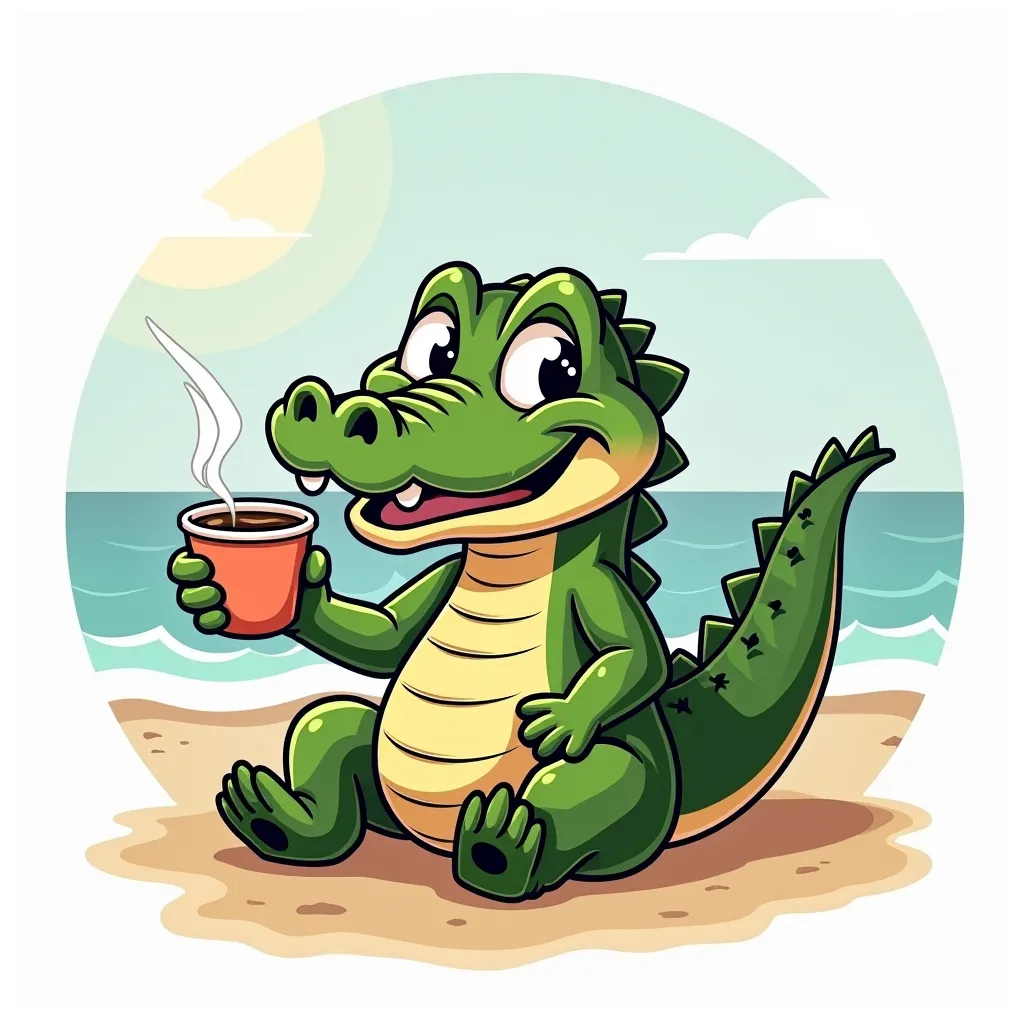 cute fun alligator with coffee cup in beach side mascot logo black and white line art very simple line art bold line  retro style