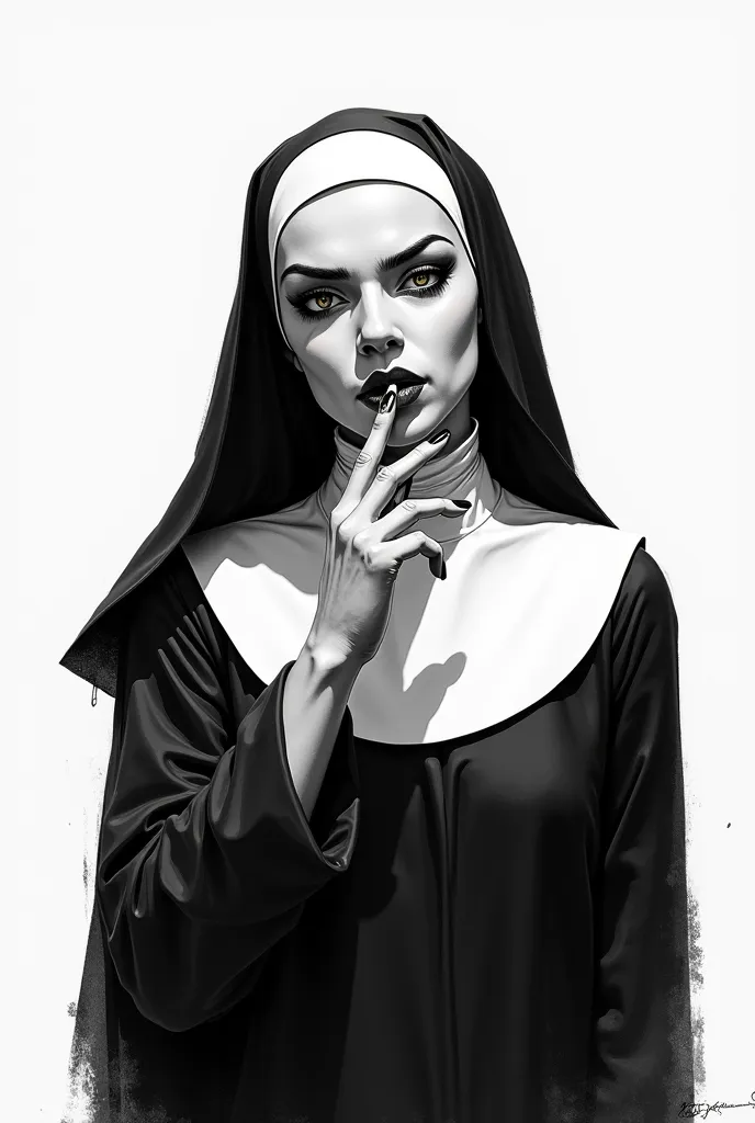 Cool and daring nun smoking a cigarette. An illustration more on the side of the black and white drawing 