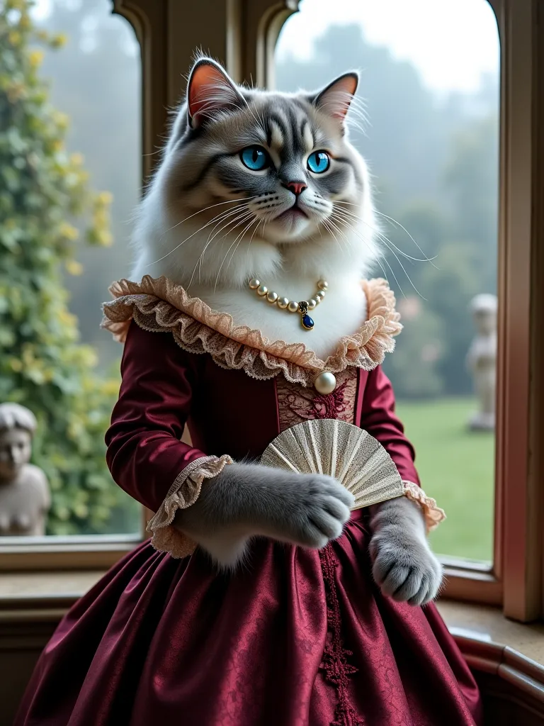 Anthropomorphized Persian Cat with luxuriously soft silver-gray fur, deep sapphire-blue eyes, dressed in an elegant burgundy brocade dress with lace detailing and a pearl choker, holding a delicate lace fan, standing beside a Victorian bay window, overlook...