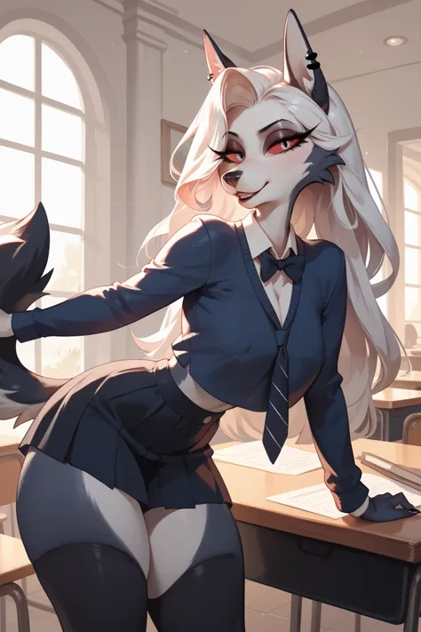 Schoolyard , Luna from Helluva Boss, beautiful hair, white hair, Anthropomorphic furry helldog, looks at the viewer ,standing, doggystyle