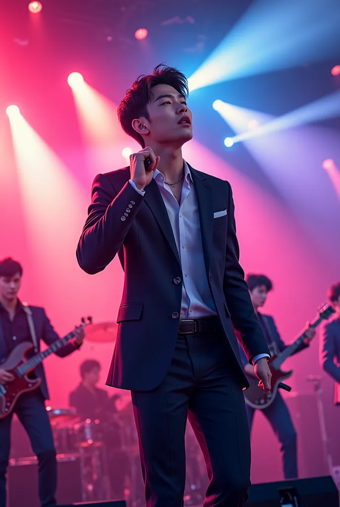 anime, handsome guy, singing, band, korean, a little wide shot 