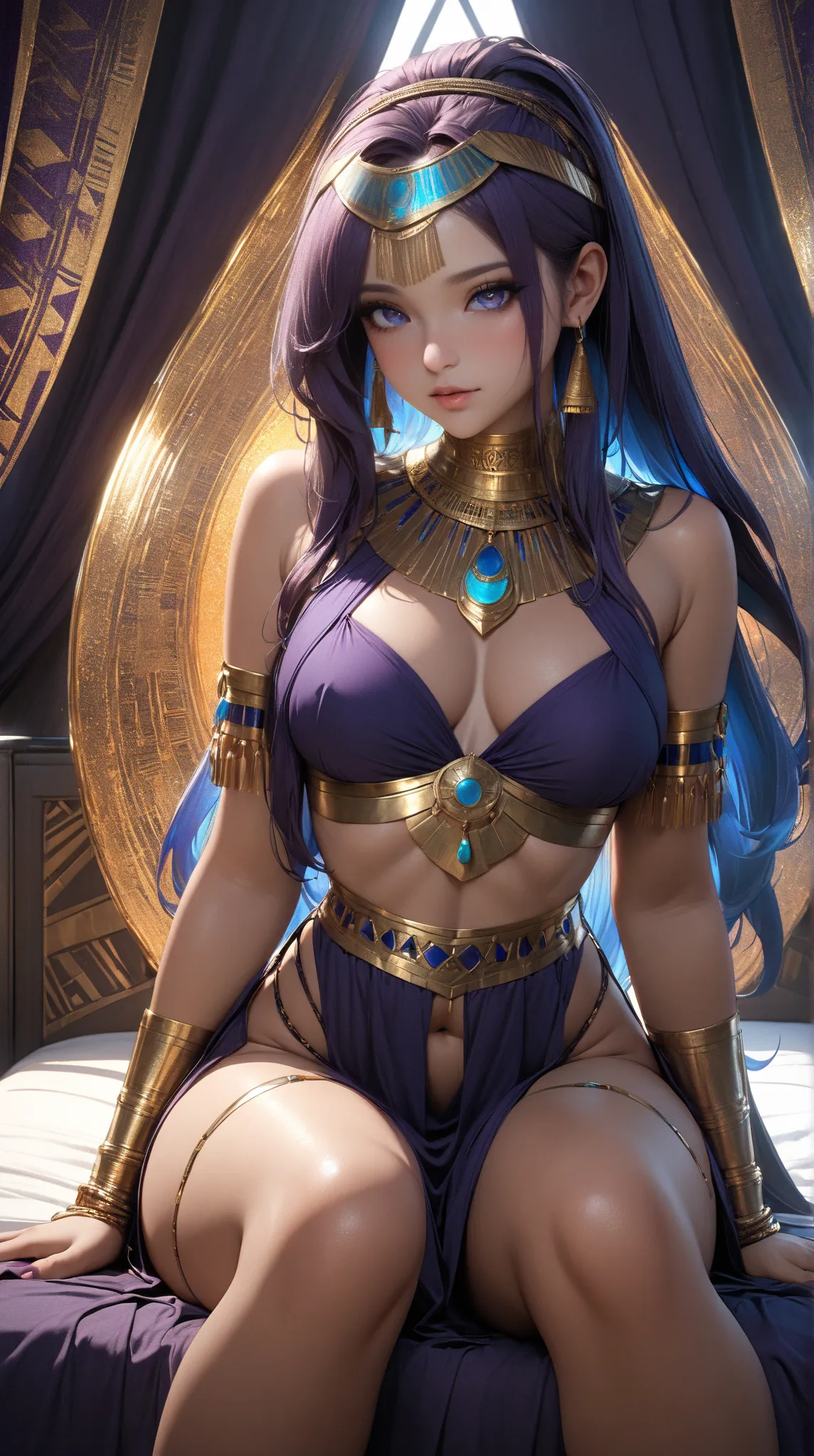 1girl, Isra Rumaris Aeonis, very long smooth straight dark purple hair with inner blue gradient hair, majestic gradient eyes, aesthetic toned body, beautiful perfect face, sitting in a room on bed wearing skimpy egyptian clothes, masterpiece, aesthetic, Su...