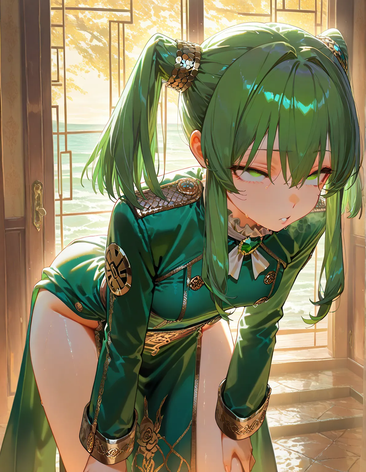 incredibly absurdres, best quality, 4k wallpaper, ecological art, 1girl, solo, leaning forward, bent over, (rolling eyes:1.3), Emerald Green eyes, deep detailed eyes, (quin tails and sidelocks:1.3), Copper rose hair, breasts, small breasts, 2: :$$, long co...