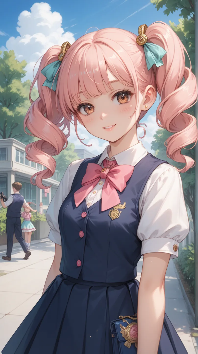 A cute and youthful anime-style girl with long, soft pink hair styled in loose pigtails, standing outside in a bright and sunny suburban environment. She has large, expressive light brown eyes with a hint of pink, and a gentle, innocent expression. Her fai...