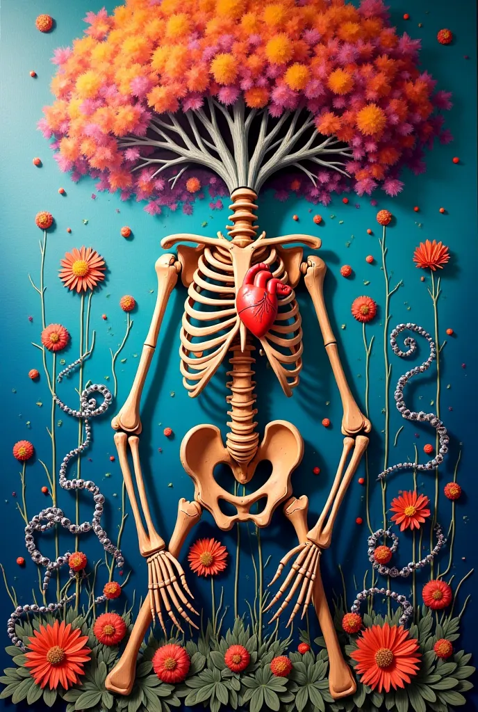 Wall painting with DNA, Skeleton, Heart, tree, Flower, organs, Mitochondria,