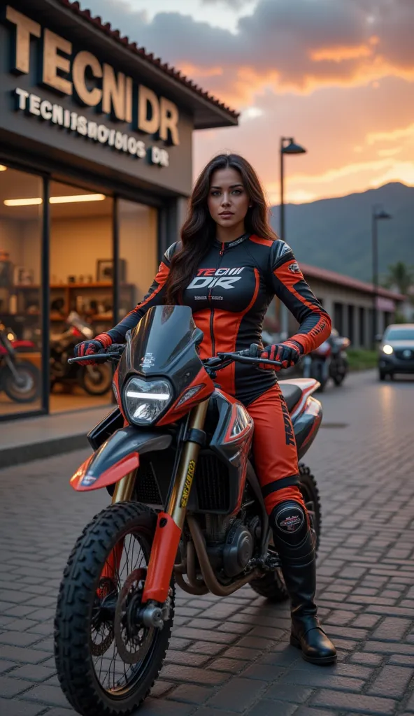 A stunning Venezuelan woman named Lisa sits confidently on her rugged Enduro motorcycle, parked in front of ‘Tecniservicios DR,’ a high-end motorcycle workshop in a picturesque Andean town. She is dressed in a professional Enduro riding suit, designed for ...