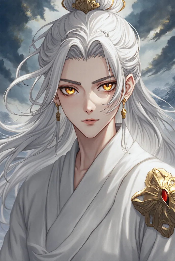 full body image, handsome  protagonist xianxia, long silver hair, golden amber eyes,humble face, handsome face ( on range 9-), simple white clothes, detailed character portrait, fantasy style, dramatic chiaroscuro lighting, epic fantasy landscape backgroun...