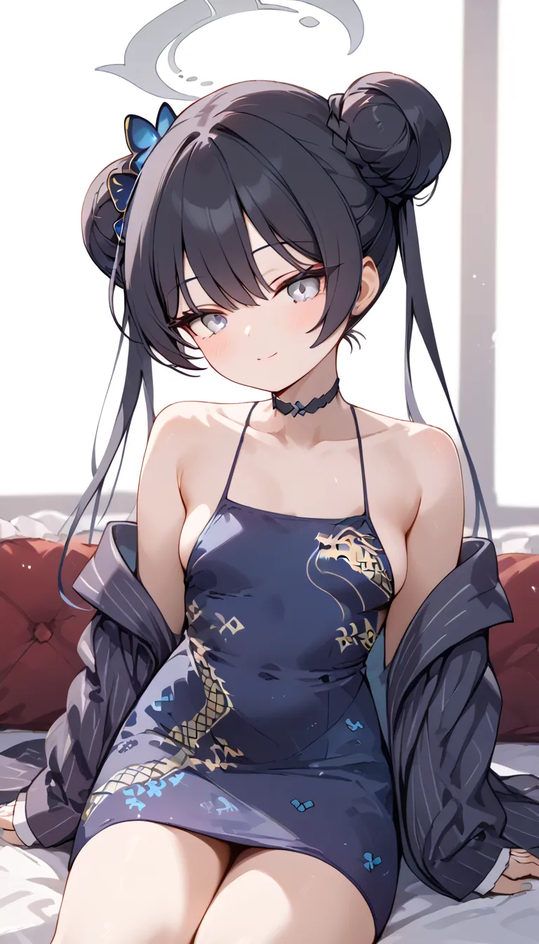 Kisaki (blue archive),grey eyes,black hair,double bun,twintails,halo,hair ornament, Alone, eyebrows visible from inside hair, hair between eyes, H&m_PGD3 , purple dress,  camisole dress, thin straps, short dress, sparkly dress, sideboob, sleeveless, viewer...