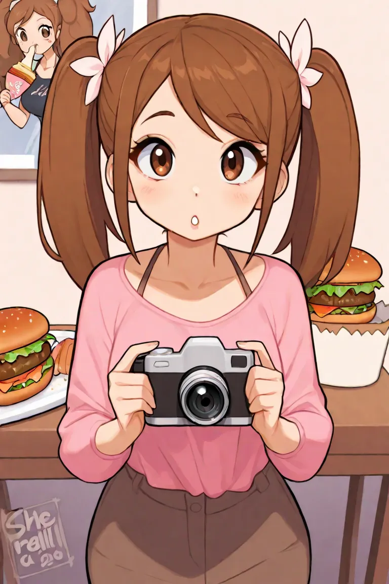 anime girl, with two ponytails, eats a hamburger, she really likes it, food, girl, looking at camera, brown eyes, person, adult girl, cute