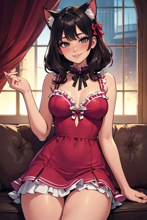 (masterpiece, highly detailed, highest quality), a sexy and alluring girl with cat ears and dark hair. she wears pink dress covered in frills and ribbons. she looks at the viewer with a cute smile, blushing.