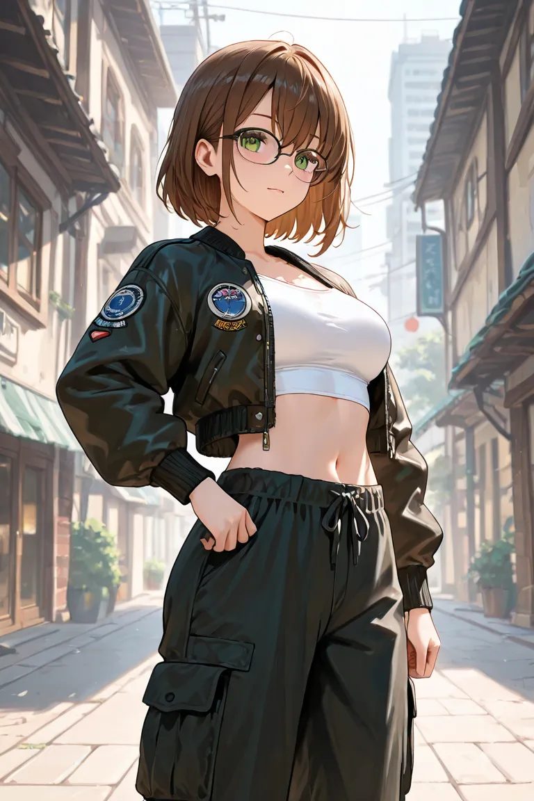 anime girl with long brown hair and green eyes and glasses in white crop top and black cargo pants with white sneekers and black bomber jacket 