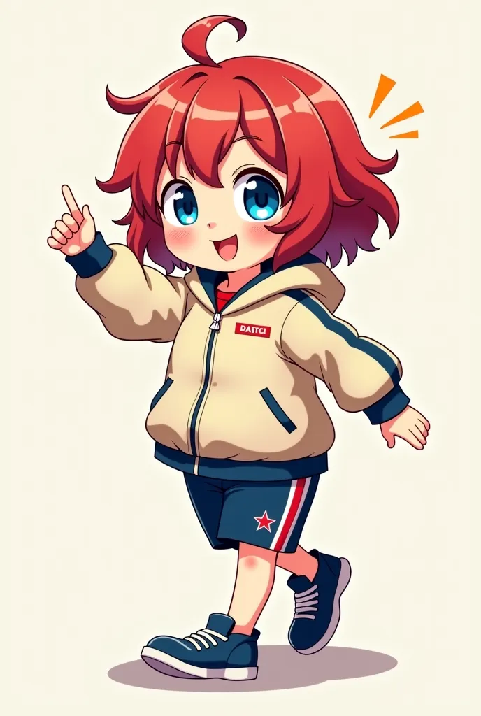 Chubby and cheeky red-haired anime ,  with deep blue eyes, wearing a training jacket and sports boots