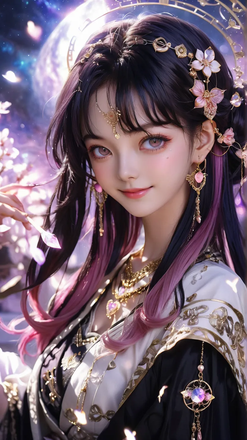 masterpiece, top quality, high detail,  beautiful and delicate eyes and face , Brilliant Color:1.3), Female fortune teller, smiling sweetly, Eye color is black, your hair is down, wearing a gorgeous hair ornament,　There is a magic circle in the background,...