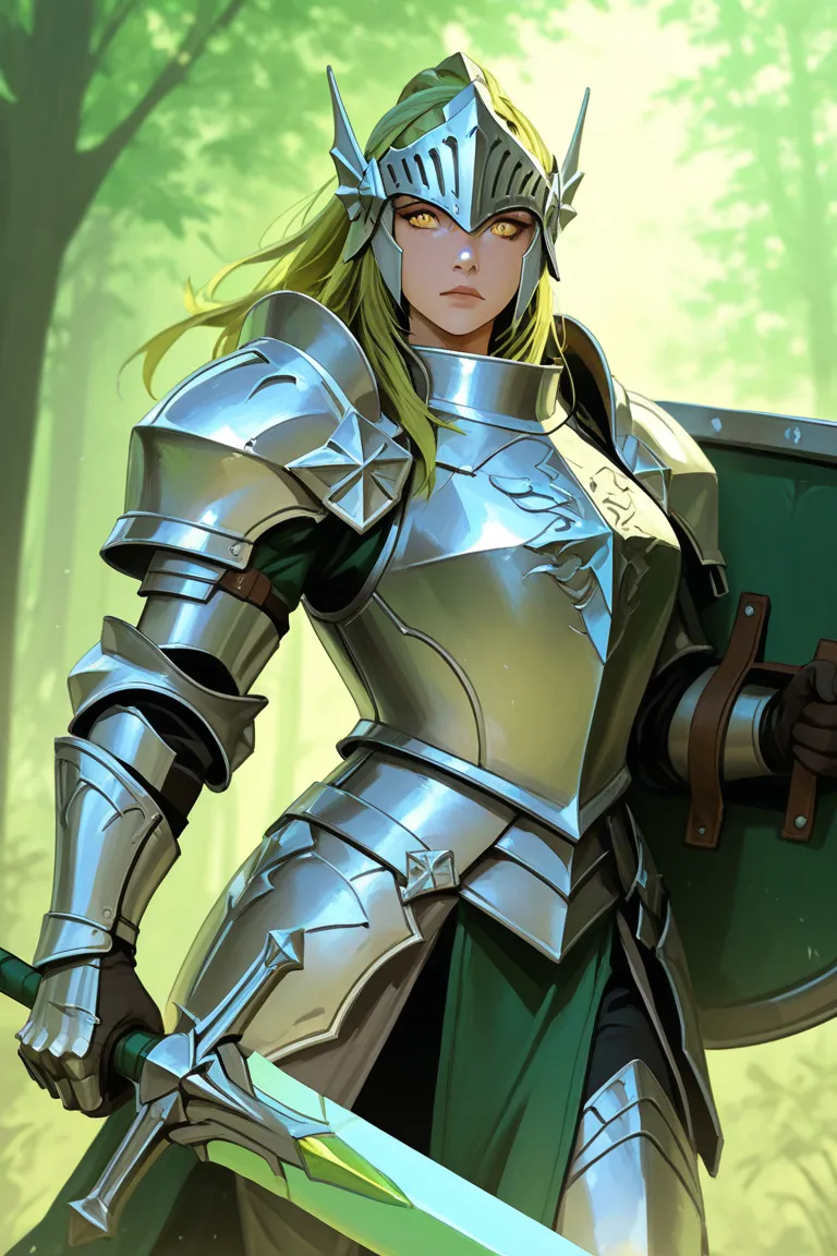 Green draconate female paladin using a sword and a shield,  Silver Armor,  green scales , yellow eyes, Green smokescreen behind