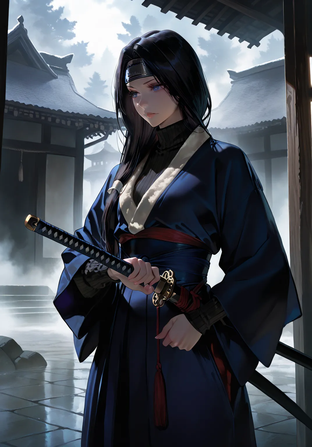 (young) Unohana Yachiru. 
dark blue kimono, fully dressed, closed kimono, headband,forehead protection, japanese clothes, sweater, ribbed sweater, turtleneck, intricate details, masterpiece, best quality.
(1 girl, newest, yach1ru, beautiful, petite, skinny...