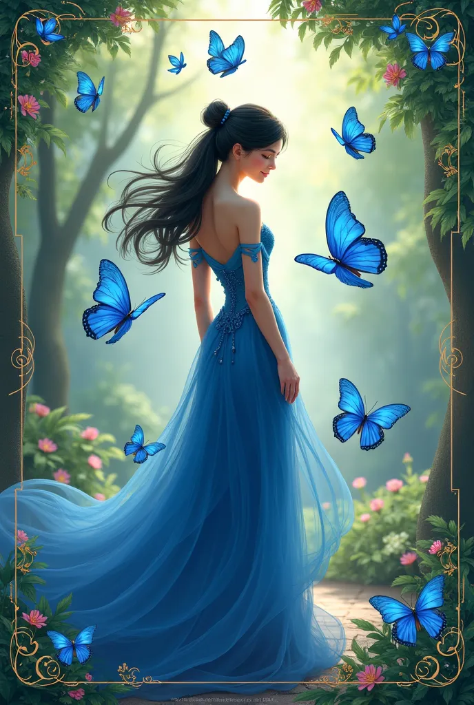 Blue birthday invitation with garden theme of blue butterflies and back with black hair tied,  wearing blue dress