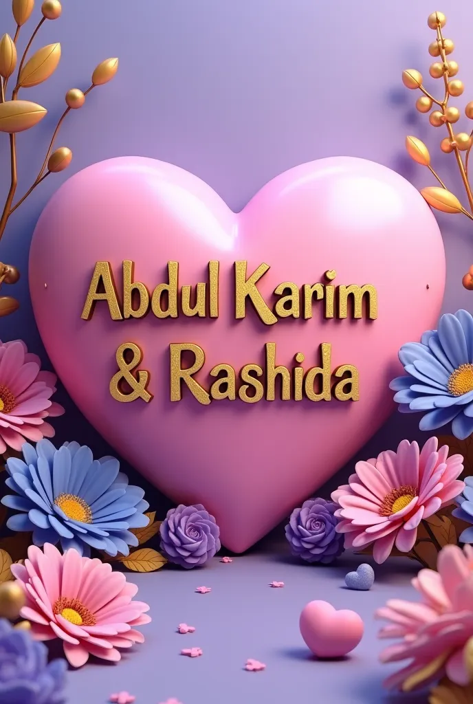 A vibrant and colorful scene dominated by a large heart-shaped object in a soft pink hue. The heart is adorned with the name ‘Abdul Karim & Rashida' in golden, 3D-black letters. Surrounding the heart are a variety of flowers, predominantly in shades of pur...