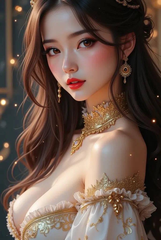 ultra detailed, absolutely resolution, masterpiece, highly detailed, sharp focus, vivid colors, soft lighting, cinematic composition, cool beauty courtesan, glossy silky flowing high layered hair, lewd expression, seduction, red lips, captivating eyes, mak...