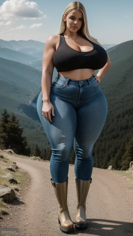 Realistic UHD photo from head to toe,   full body shot, Araffe sporty muscular curvy light blonde BBW gripping mechanic,  ultra wide hips,  perforated jeans, cropped sleeveless shirt with deep neckline,  long strong legs , heavy black wellies ,  hourglass ...