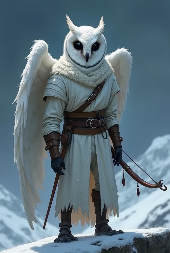 Owlkin, Tall, Thin, Longbow, Leather armor, Priest robes, White clothes, Black eyes, Black sclera, Creepy, Snowy Mountains, White feathers, Completly black eyes, black iris, White wings, night sky, no mouth, empty eye sockets, darkness in eyes.