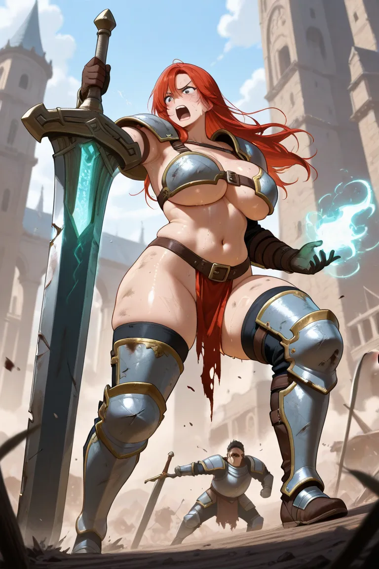 Voluptuous rugged warrior, lightweight sexy asymmetric armor, navel, stupid,  torn clothes, Dirty, beaten, sweaty,  dynamic pose, Magic Giant Sword, ornate