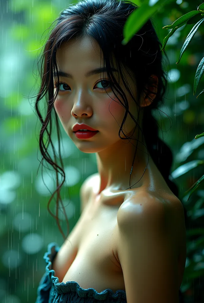 Create an image about a beautiful Asian girl being sexy, Sensual and perverse being naked in the rain with green lights in the background