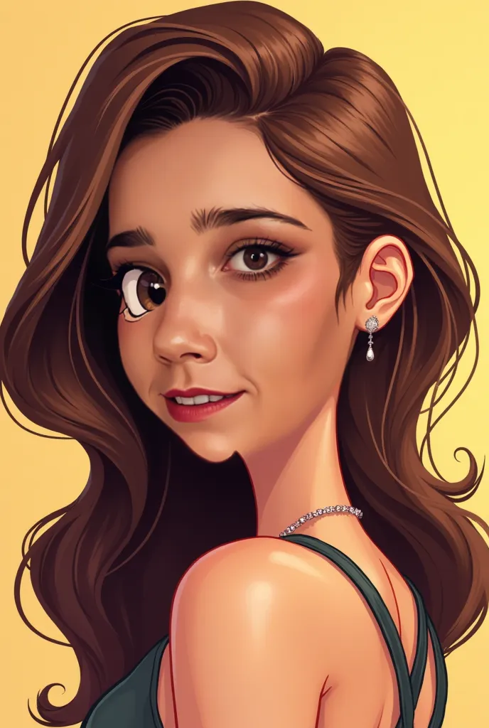 The young woman character in modern cartoon style. Keep your main facial features so that it is recognizable, but with softer and more expressive features. The color palette must be vibrant and harmonious, with details that highlight her personality and st...