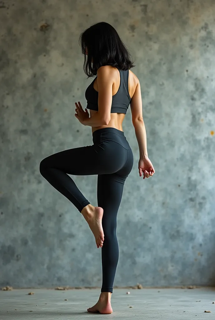 A picture of a girl with black hair practicing movements such as équilibre on the wall. Her hair is medium length and wears calecon