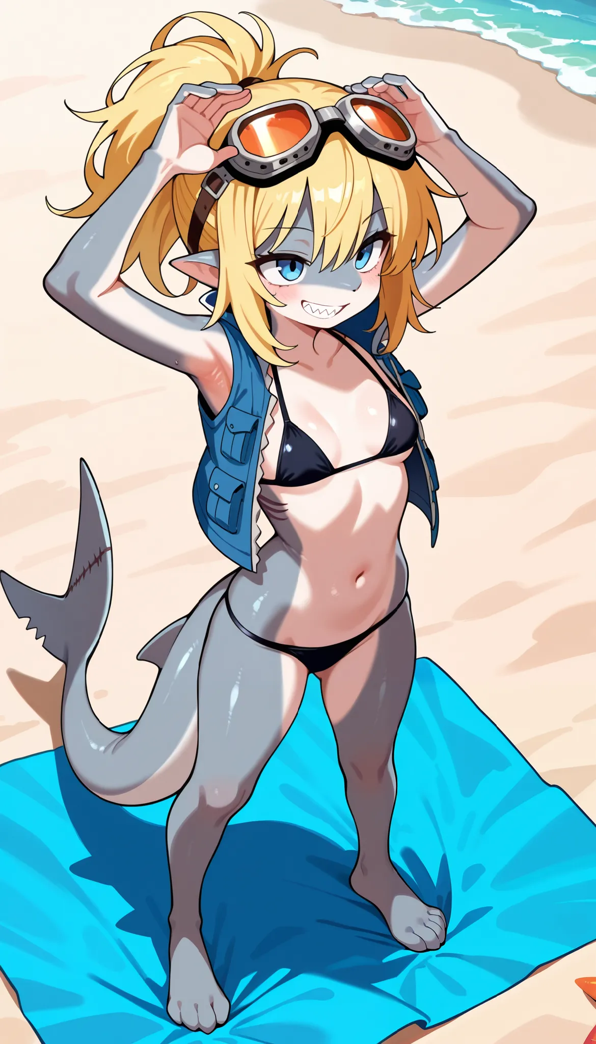 score_9, score_8_up, score_7_up, 1girl, solo, masterpiece, best quality, amazing quality, very aesthetic, absurdres, source furry, shark, shark girl, pointy ears, blue eyes, two tone body skin, grey body skin, white body bkin, blonde hair, messy bangs, lon...